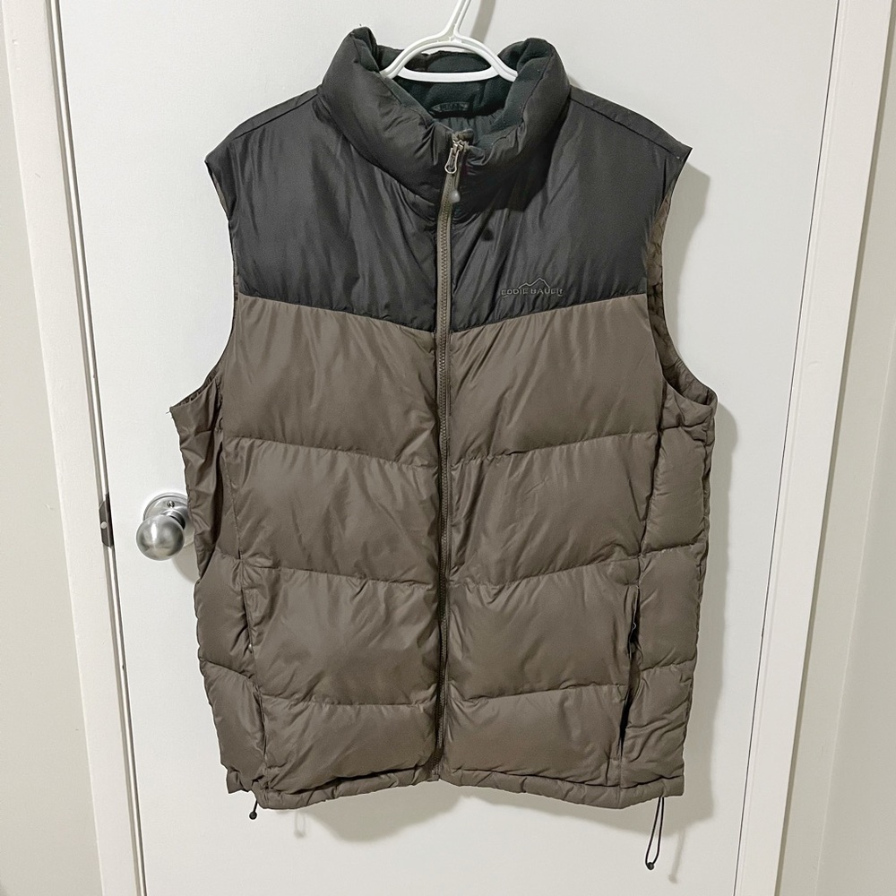 Eddie Bauer 700 Fill Goose Down Puffer Vest Taupe Brown / Black size Large Tall